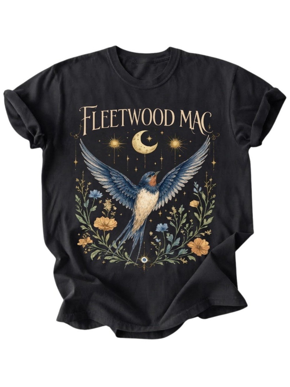 Fleetwood Mac Celestial Swallow Floral Moon Gildan T-Shirt